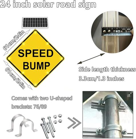 علامة تحذير من مطبات السرعة تعمل بالطاقة الشمسية مقاس 24 بوصة، مصابيح وامضة LED عالية السطوع، علامات تحذير الطريق من الألومنيوم لمطبات السرعة مع وظيفة الوميض التلقائي في الليل (A، 61 سم / 24 بوصة) in Kuwait