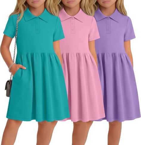 3 Pack Girls' Short Sleeve Dresses School Uniform Dress with Pockets Casual Basic Summer Tennis Dress Kids 7-16Y in Saudi Arabia