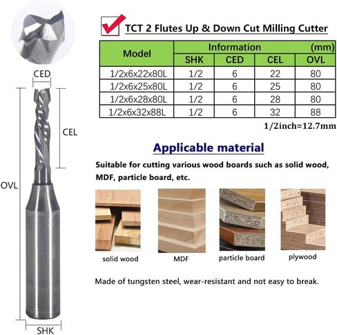 5pcs 12.7mm Shank UP and Down Cut Two Flutes Spiral Carbide Tool TCT Milling Cutter Compression Wood End Mill for Engraving Slotting(5Pcs 12.7x6x22) in Saudi Arabia