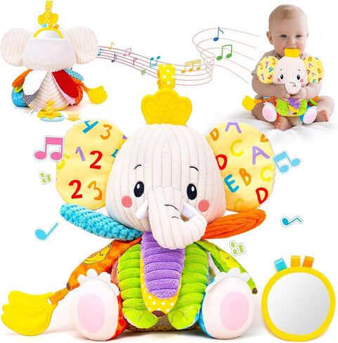 ألعاب الأطفال من 3 إلى 6 أشهر، لعبة الفيل المحشوة الموسيقية للأطفال حديثي الولادة 3 6 9 12 شهرًا، ألعاب وقت البطن ألعاب مونتيسوري الحسية 0-6 6-12 شهرًا، ورق مجعد، مرآة هدية دش موسيقى مهدئة in Kuwait