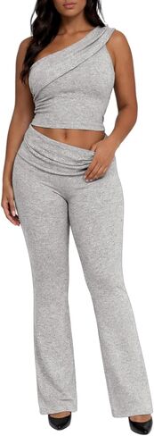 Two Piece Sets for Women Summer Casual One Shoulder Crop Top Foldover Pants Set in Kuwait