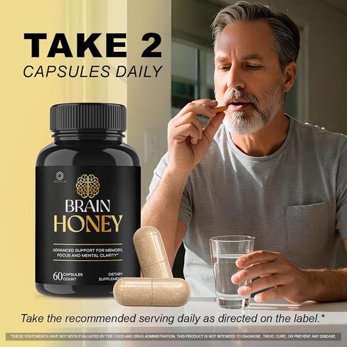كبسولات عسل الدماغ - تركيبة الدعم المتقدمة الرسمية من BrainHoney، جميع المكونات الطبيعية، حبوب فيتامينات يومية ممتازة لصحة الدماغ والعافية العامة، 60 كبسولة لمدة شهر واحد in Kuwait