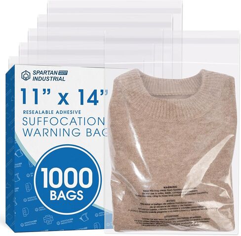 Spartan Industrial - 11 بوصة × 14 بوصة (1000 قطعة) أكياس بولي شفافة ذاتية الغلق مع تحذير من الاختناق للتغليف والقمصان والشحن - غراء قابل للإغلاق in Kuwait