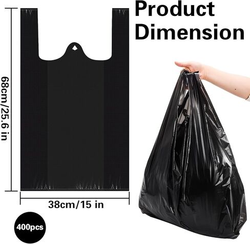 Yesland 400 عبوة من أكياس البلاستيك كبيرة الحجم بمقابض، حقيبة بقالة بلاستيكية سادة كبيرة جدًا مقاس XX، مقاس 25.6 بوصة × 15 بوصة، 37 ميكروفون، أكياس تسوق سميكة وشديدة التحمل للمطاعم، والقمامة، والتيك أوت، أسود in Kuwait