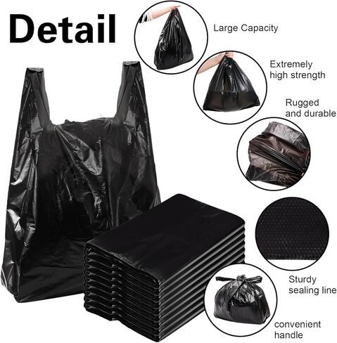 Yesland 400 عبوة من أكياس البلاستيك كبيرة الحجم بمقابض، حقيبة بقالة بلاستيكية سادة كبيرة جدًا مقاس XX، مقاس 25.6 بوصة × 15 بوصة، 37 ميكروفون، أكياس تسوق سميكة وشديدة التحمل للمطاعم، والقمامة، والتيك أوت، أسود in Kuwait
