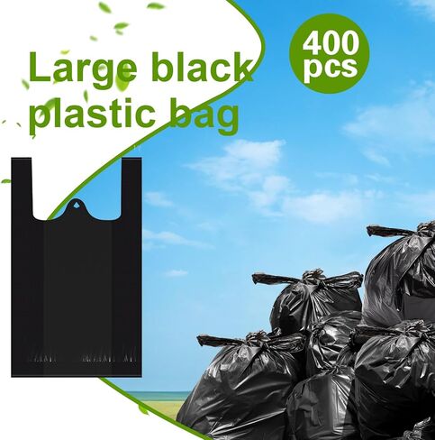 Yesland 400 عبوة من أكياس البلاستيك كبيرة الحجم بمقابض، حقيبة بقالة بلاستيكية سادة كبيرة جدًا مقاس XX، مقاس 25.6 بوصة × 15 بوصة، 37 ميكروفون، أكياس تسوق سميكة وشديدة التحمل للمطاعم، والقمامة، والتيك أوت، أسود in Kuwait