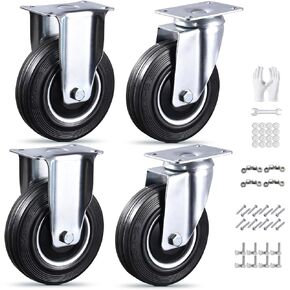 5 Inch Caster Wheels Set of 4, 2 Rigid and 2 Swivel Heavy Duty Rubber Casters with Dust-Proof Cover, Industrial Plate Castors for Workbench, Cart, 1120 lbs Total, 2 Sets of Mounting Hardware in Kuwait
