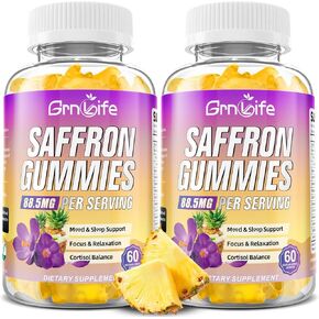 Saffron Gummies for Kids & Adults, 10-in-1 Saffron Supplements with 88.5mg Saffron Extract Support Calm Mind & Focus & Zzz, Sugar Free, Pineapple Flavor, 60 Count in Kuwait