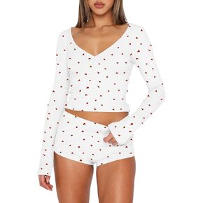 طقم صالة Ezbelle للسيدات قميص بيجامة برقبة على شكل V مكون من قطعتين متماسك وأكمام طويلة ملابس Pjs قصيرة مريحة للخريف 2026 in Kuwait