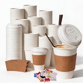 12 oz Disposable Coffee Cups with Lids, Sleeves and Stirrers 100 Pack, Hot Cups with Lids, Leak-Proof To Go Cups for Hot Chocolate, Cocoa, Office, Coffee Bar Accessories in Saudi Arabia