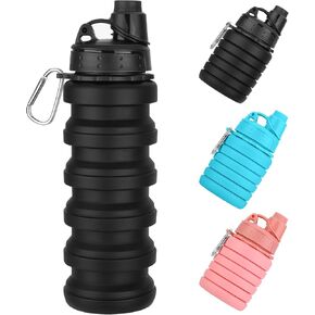 زجاجات مياه قابلة للطي 17oz، زجاجة مياه قابلة للطي من السيليكون خالية من مادة BPA قابلة لإعادة الاستخدام مع حلقة تسلق، زجاجة مياه خفيفة الوزن مانعة للتسرب أثناء السفر للصالة الرياضية والسفر والتخييم والمشي لمسافات طويلة والرياضة - أسود in Kuwait