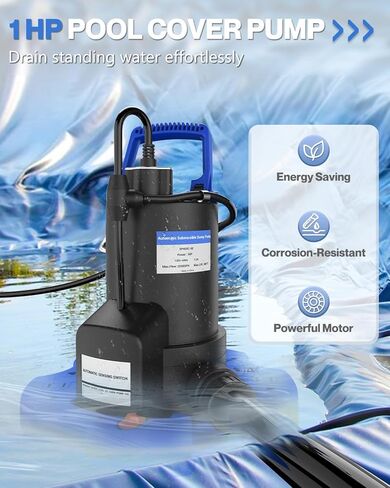 مضخة أوتوماتيكية لتغطية حوض السباحة - مضخة مياه غاطسة بقدرة 1 HP 3500 GPH مع صمام فحص و3 محولات، سلك بطول 29.5 قدم للمضخات فوق نظام تشغيل/إيقاف تلقائي فوق الأرض، مضخة مستنقع لفيضانات الطابق السفلي، مضخة البركة in Kuwait