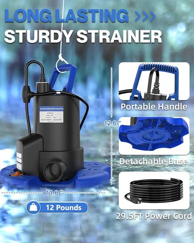 مضخة أوتوماتيكية لتغطية حوض السباحة - مضخة مياه غاطسة بقدرة 1 HP 3500 GPH مع صمام فحص و3 محولات، سلك بطول 29.5 قدم للمضخات فوق نظام تشغيل/إيقاف تلقائي فوق الأرض، مضخة مستنقع لفيضانات الطابق السفلي، مضخة البركة in Kuwait
