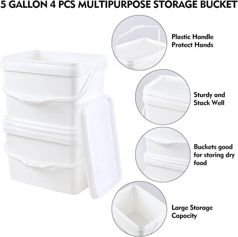 4 عبوات من دلو بلاستيكي مستطيل بسعة 5 جالون مع غطاء المفاجئة، حاوية دلو طعام مربعة بمقبض، أبيض in Kuwait