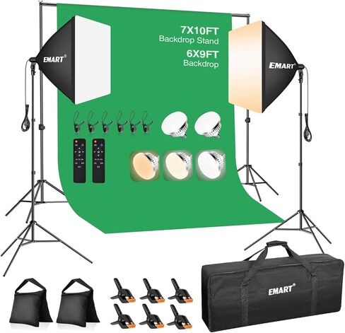 EMART 8.5 x 10 ft Backdrop Support System, Professional Photography Lighting Kit with 10*12ft Backdrop*3, 50W LED Blub, Reflector, Umbrellas&Softbox Lighting Kit for Studio, Portrait, Video Shooting in Saudi Arabia