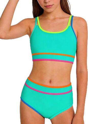Teen Girls Swimsuit Color Block Sporty Bikini Sets with Cover Up Skirt 3 Piece Bathing Suit Size 7-16 Years in Saudi Arabia
