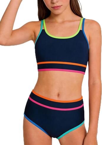 Teen Girls Swimsuit Color Block Sporty Bikini Sets with Cover Up Skirt 3 Piece Bathing Suit Size 7-16 Years in Saudi Arabia