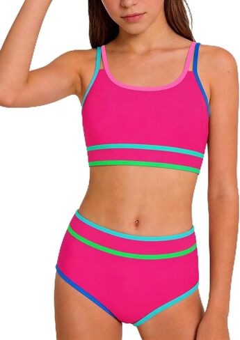 Teen Girls Swimsuit Color Block Sporty Bikini Sets with Cover Up Skirt 3 Piece Bathing Suit Size 7-16 Years in Saudi Arabia