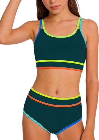 Teen Girls Swimsuit Color Block Sporty Bikini Sets with Cover Up Skirt 3 Piece Bathing Suit Size 7-16 Years in Saudi Arabia