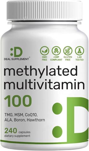 DEAL SUPPLEMENT Methylated Multivitamin for Men & Women, 240 Capsules | 100% DV Vitamins & Minerals | Activated B-Complex & Chelated Minerals, with CoQ10, TMG & ALA | Non-GMO, cGMP Manufactured in Saudi Arabia