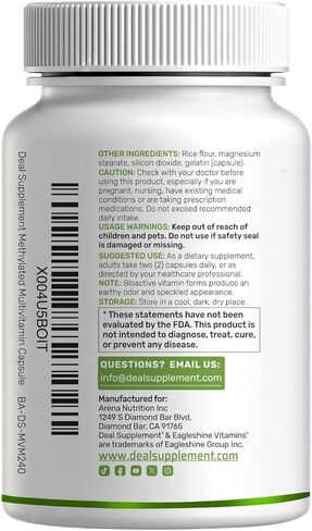DEAL SUPPLEMENT Methylated Multivitamin for Men & Women, 240 Capsules | 100% DV Vitamins & Minerals | Activated B-Complex & Chelated Minerals, with CoQ10, TMG & ALA | Non-GMO, cGMP Manufactured in Saudi Arabia