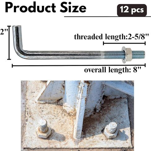 12 Pcs Galvanized Anchor Bolts, 1/2" x 8" Anchor Bolts with Nuts and Washers, J Bolts for Concrete Pouring, Post Anchor and Wood Construction in Kuwait