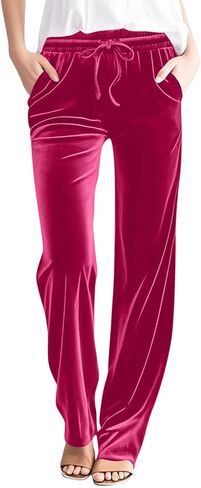 Velvet Pants for Women Dressy Casual Straight Leg Stretchy Drawstring High Waisted Velour Palazzo Pants with Pockets in Saudi Arabia