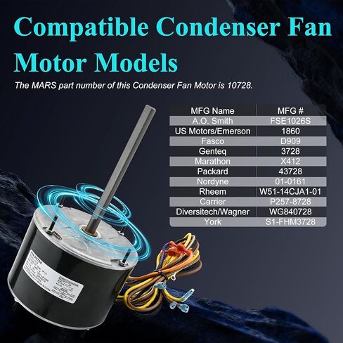 10728 استبدال محرك المكثف للمريخ 10733، A.O. Smith FSE1026S، Fasco D909/ D749، Genteq 3728، Diversitech-WG840728، W51-14CJA1-02 إلخ، 1/4 حصان، 1075 دورة في الدقيقة، 208-230 فولت، سرعة واحدة، ضمان لمدة عام in Kuwait