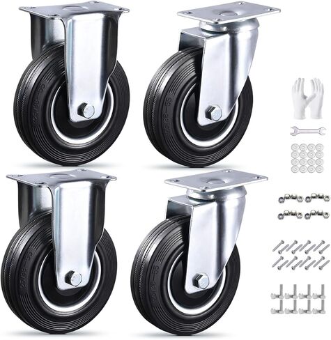 5 Inch Caster Wheels Set of 4, 2 Rigid and 2 Swivel Heavy Duty Rubber Casters with Dust-Proof Cover, Industrial Plate Castors for Workbench, Cart, 1120 lbs Total, 2 Sets of Mounting Hardware in Kuwait
