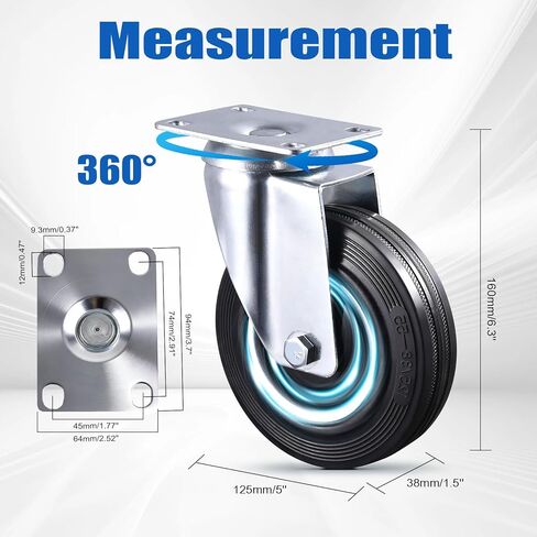 5 Inch Caster Wheels Set of 4, 2 Rigid and 2 Swivel Heavy Duty Rubber Casters with Dust-Proof Cover, Industrial Plate Castors for Workbench, Cart, 1120 lbs Total, 2 Sets of Mounting Hardware in Kuwait