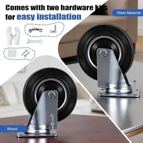 5 Inch Caster Wheels Set of 4, 2 Rigid and 2 Swivel Heavy Duty Rubber Casters with Dust-Proof Cover, Industrial Plate Castors for Workbench, Cart, 1120 lbs Total, 2 Sets of Mounting Hardware in Kuwait