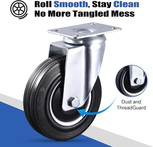 5 Inch Caster Wheels Set of 4, 2 Rigid and 2 Swivel Heavy Duty Rubber Casters with Dust-Proof Cover, Industrial Plate Castors for Workbench, Cart, 1120 lbs Total, 2 Sets of Mounting Hardware in Kuwait