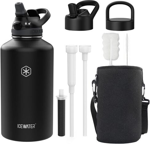 ICEWATER 64 oz Versatile Water Bottle with 3 Lids (Filtered Straw Option Reduces Chlorine Taste & Odor, Ideal for Travel), Triple Wall Vacuum Stainless Steel Insulated Half Gallon Large Jug, BPA-Free in Saudi Arabia