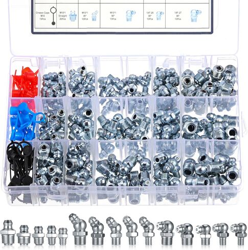 245PCS Grease Fittings Assortment, SAE & Metric Zerk Grease Fittings 1/4" 1/8" M6 M8 M10 Straight 45 90 Degree with Fitting Caps, Suitable for Automotive and Industrial Use in Saudi Arabia