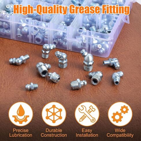 245PCS Grease Fittings Assortment, SAE & Metric Zerk Grease Fittings 1/4" 1/8" M6 M8 M10 Straight 45 90 Degree with Fitting Caps, Suitable for Automotive and Industrial Use in Saudi Arabia