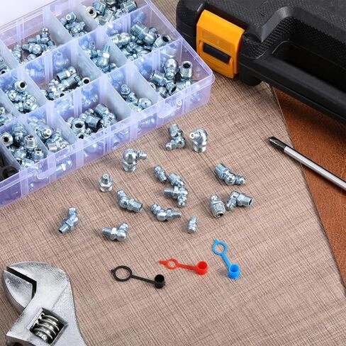 245PCS Grease Fittings Assortment, SAE & Metric Zerk Grease Fittings 1/4" 1/8" M6 M8 M10 Straight 45 90 Degree with Fitting Caps, Suitable for Automotive and Industrial Use in Saudi Arabia
