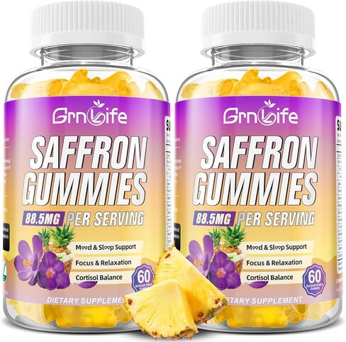 Saffron Gummies for Kids & Adults, 10-in-1 Saffron Supplements with 88.5mg Saffron Extract Support Calm Mind & Focus & Zzz, Sugar Free, Pineapple Flavor, 60 Count in Kuwait