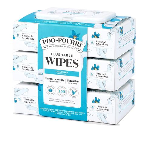 Poo~Pourri Flushable Wipes - Made with Plant Based Fibers, Aloe, & Vitamin E - Adult Wet Wipes - Cucumber & Aloe Essential Oils scent - Septic & Sewer Safe - 3-pack (150 total) with Dispenser Boxes in Saudi Arabia