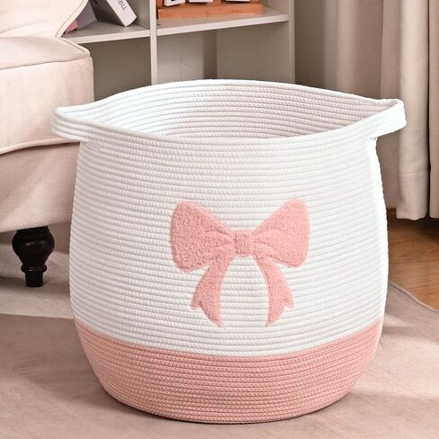 Large Baby Laundry Hamper, Pink Bow Laundry Basket for Baby Girl, Toy and Blanket Storage Basket for Nursery and Playroom, Cotton Rope Hamper for Kids, 17.7"x15.7" in Saudi Arabia