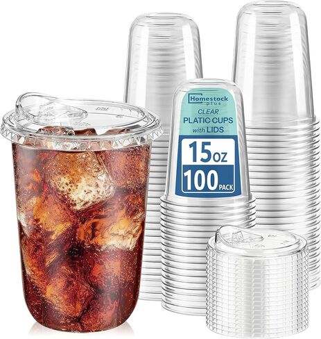 Homestockplus 15 oz Clear Plastic Cups with Lids (100 Pack) - Strawless Sip Lids, Leak-Proof & BPA-Free Iced Coffee Cups - Disposable Cold Drink Cups for Smoothies, Milkshake, Parties, Events in Saudi Arabia