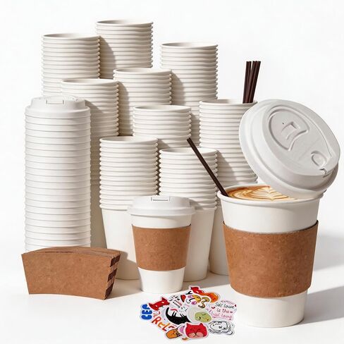 12 oz Disposable Coffee Cups with Lids, Sleeves and Stirrers 100 Pack, Hot Cups with Lids, Leak-Proof To Go Cups for Hot Chocolate, Cocoa, Office, Coffee Bar Accessories in Saudi Arabia