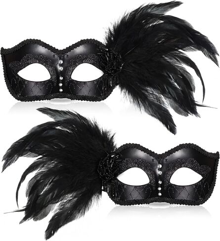 2 PCS Raven Crow Mask Accessories Halloween Costume Associory Black Feather Couple Cannes Mask Mask Half Half Face for Masquerade Cosplay Halloween Mardi Gras Venetian Party in Saudi Arabia