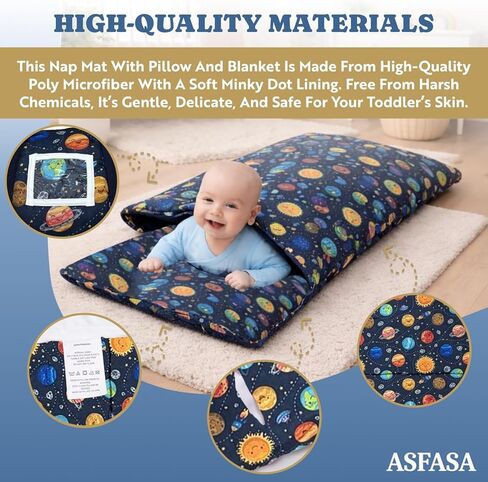 Toddler Nap Mat with Pillow and Blanket, Preschool, Nursery Sleeping Mat, Portable Bed for Kids, Ultra Soft Cotton, Fleece, Minky, Machine Washable, Travel Friendly, Kids Sleeping Bags, Cream. in Saudi Arabia