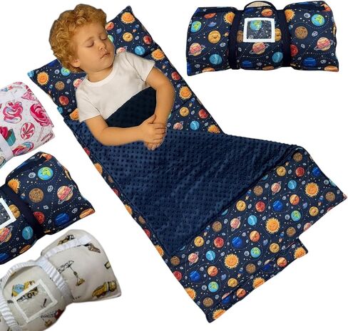 Toddler Nap Mat with Pillow and Blanket, Preschool, Nursery Sleeping Mat, Portable Bed for Kids, Ultra Soft Cotton, Fleece, Minky, Machine Washable, Travel Friendly, Kids Sleeping Bags, Cream. in Saudi Arabia