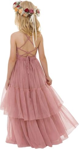 Boho Flower Girls Dress Tulle Backless Ruffle Girls Dress Beach Wedding Tiered Flowy Party Maxi Gown in Kuwait