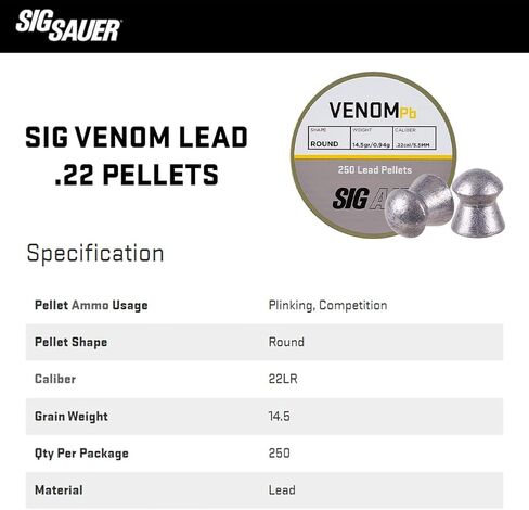 Sig Sauer Venom Lead .22 Pellets | 14.5Gr Round-Topped Air Ammunition for ASP CO2 Airguns, Pellet-Firing Air Pistols, Break Barrel & PCP Air Rifles, 250Ct in Saudi Arabia