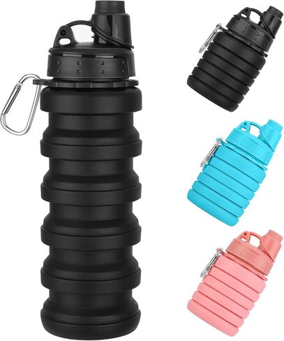 زجاجات مياه قابلة للطي 17oz، زجاجة مياه قابلة للطي من السيليكون خالية من مادة BPA قابلة لإعادة الاستخدام مع حلقة تسلق، زجاجة مياه خفيفة الوزن مانعة للتسرب أثناء السفر للصالة الرياضية والسفر والتخييم والمشي لمسافات طويلة والرياضة - أسود in Kuwait