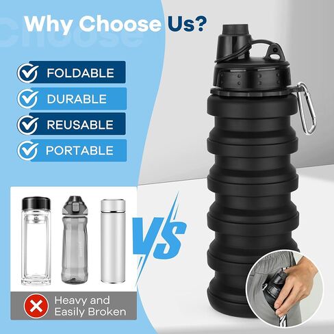 زجاجات مياه قابلة للطي 17oz، زجاجة مياه قابلة للطي من السيليكون خالية من مادة BPA قابلة لإعادة الاستخدام مع حلقة تسلق، زجاجة مياه خفيفة الوزن مانعة للتسرب أثناء السفر للصالة الرياضية والسفر والتخييم والمشي لمسافات طويلة والرياضة - أسود in Kuwait