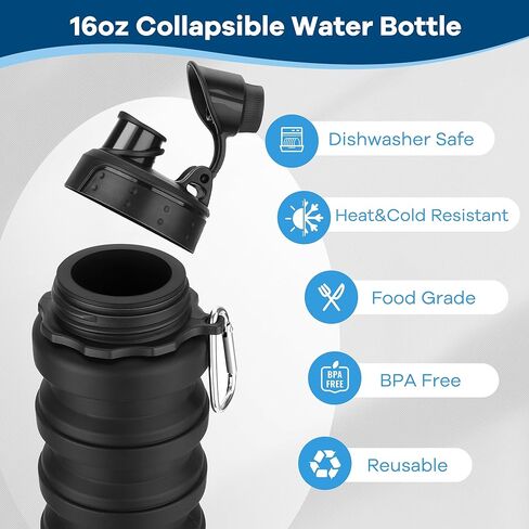زجاجات مياه قابلة للطي 17oz، زجاجة مياه قابلة للطي من السيليكون خالية من مادة BPA قابلة لإعادة الاستخدام مع حلقة تسلق، زجاجة مياه خفيفة الوزن مانعة للتسرب أثناء السفر للصالة الرياضية والسفر والتخييم والمشي لمسافات طويلة والرياضة - أسود in Kuwait