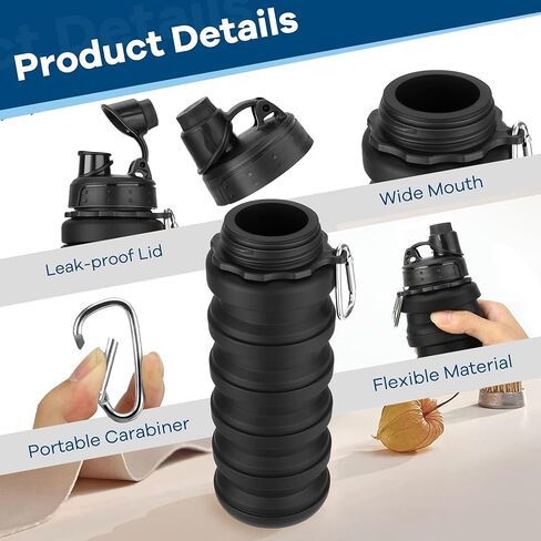 زجاجات مياه قابلة للطي 17oz، زجاجة مياه قابلة للطي من السيليكون خالية من مادة BPA قابلة لإعادة الاستخدام مع حلقة تسلق، زجاجة مياه خفيفة الوزن مانعة للتسرب أثناء السفر للصالة الرياضية والسفر والتخييم والمشي لمسافات طويلة والرياضة - أسود in Kuwait